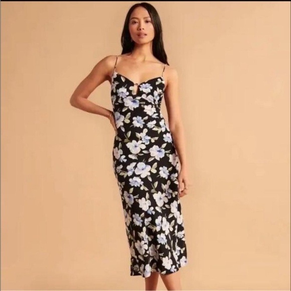 Abercrombie & Fitch Midi Dress Floral Keyhole Slip Size XS Black Women